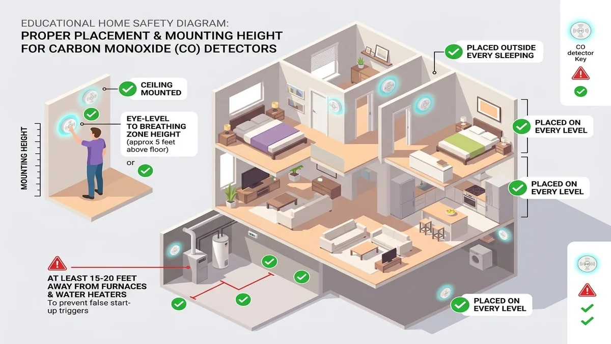 Illustration of home showing proper carbon monoxide detector placement outside bedrooms and near fuel appliances