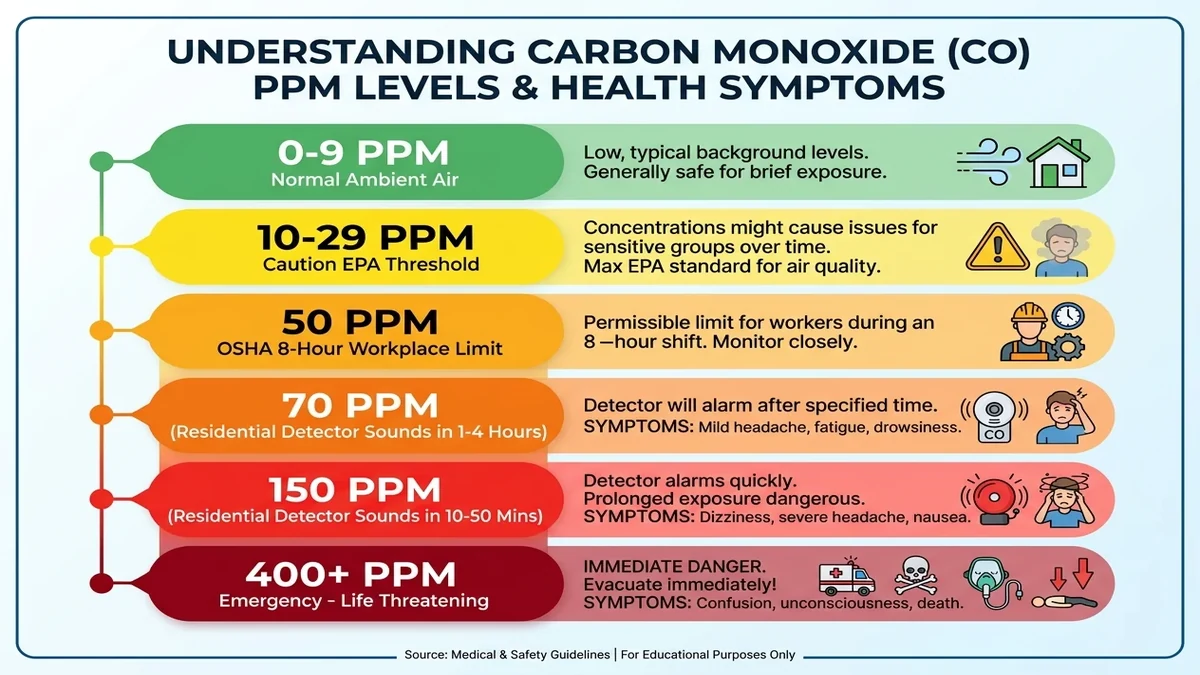 Medical and technical chart showing carbon monoxide PPM concentration versus exposure time and health symptoms