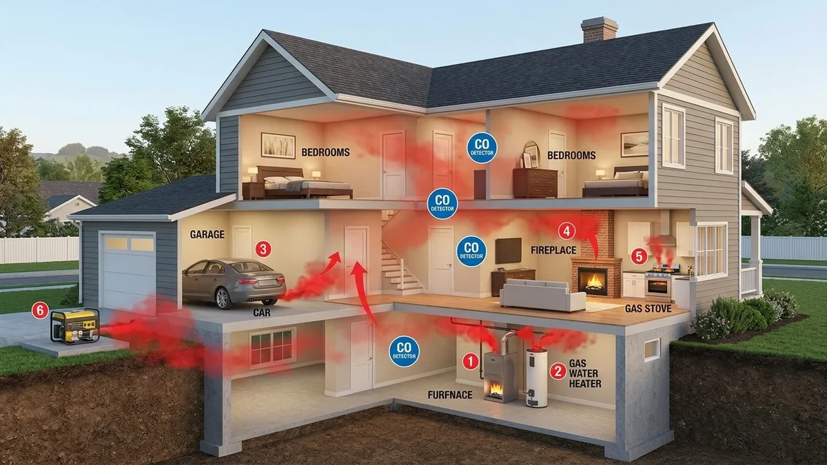 Cutaway illustration of home showing potential carbon monoxide sources and detector placement