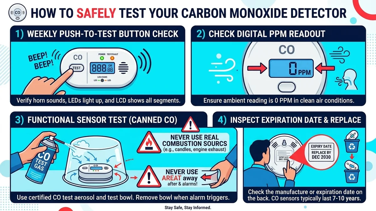 Illustrated 4-step procedure for safely testing residential carbon monoxide alarms