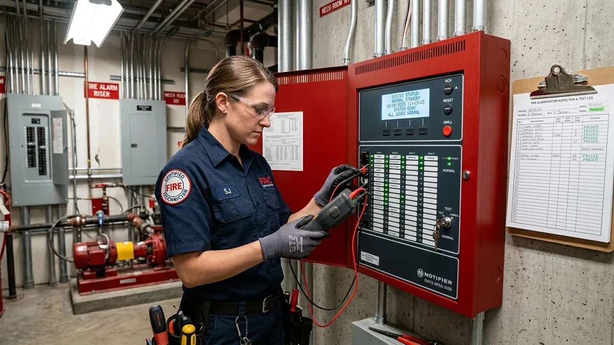 Certified fire alarm technician testing an addressable commercial fire alarm control panel
