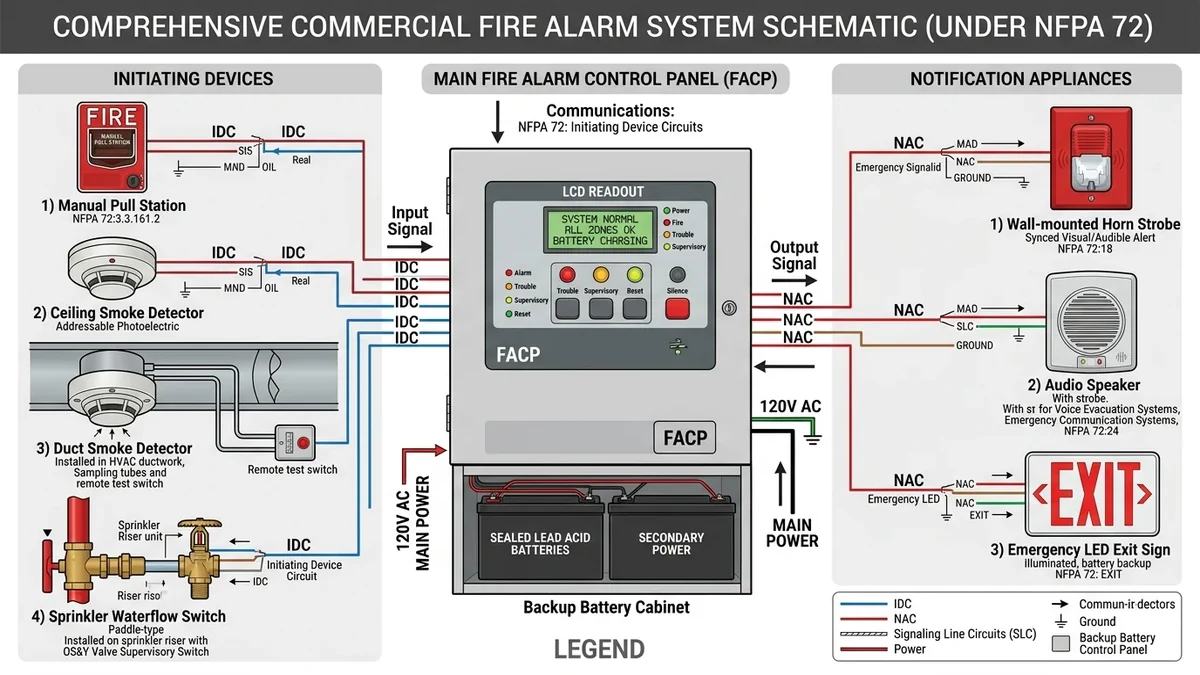 Commercial Fire Alarm Control Panel (FACP) with annunciator screen and zone indicators