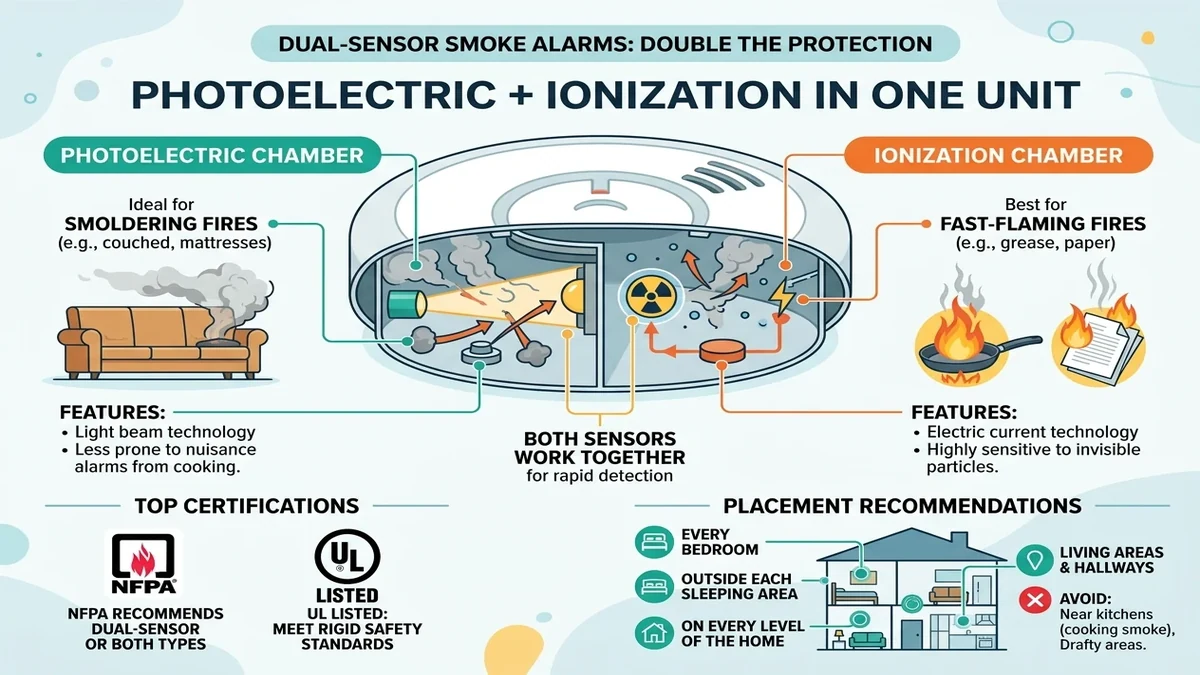 Cutaway view of a dual-sensor smoke alarm showing optical chamber and ionization radiation chamber