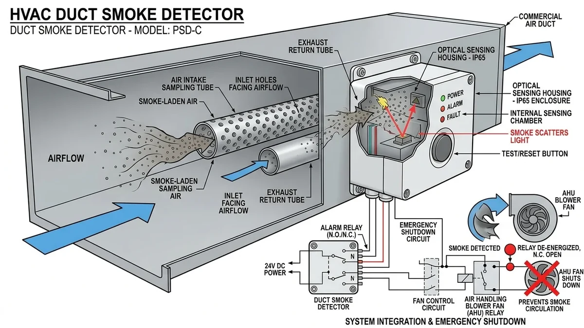 Diagram of HVAC duct smoke detector showing air sampling tube and exhaust tube mounted on ventilation duct