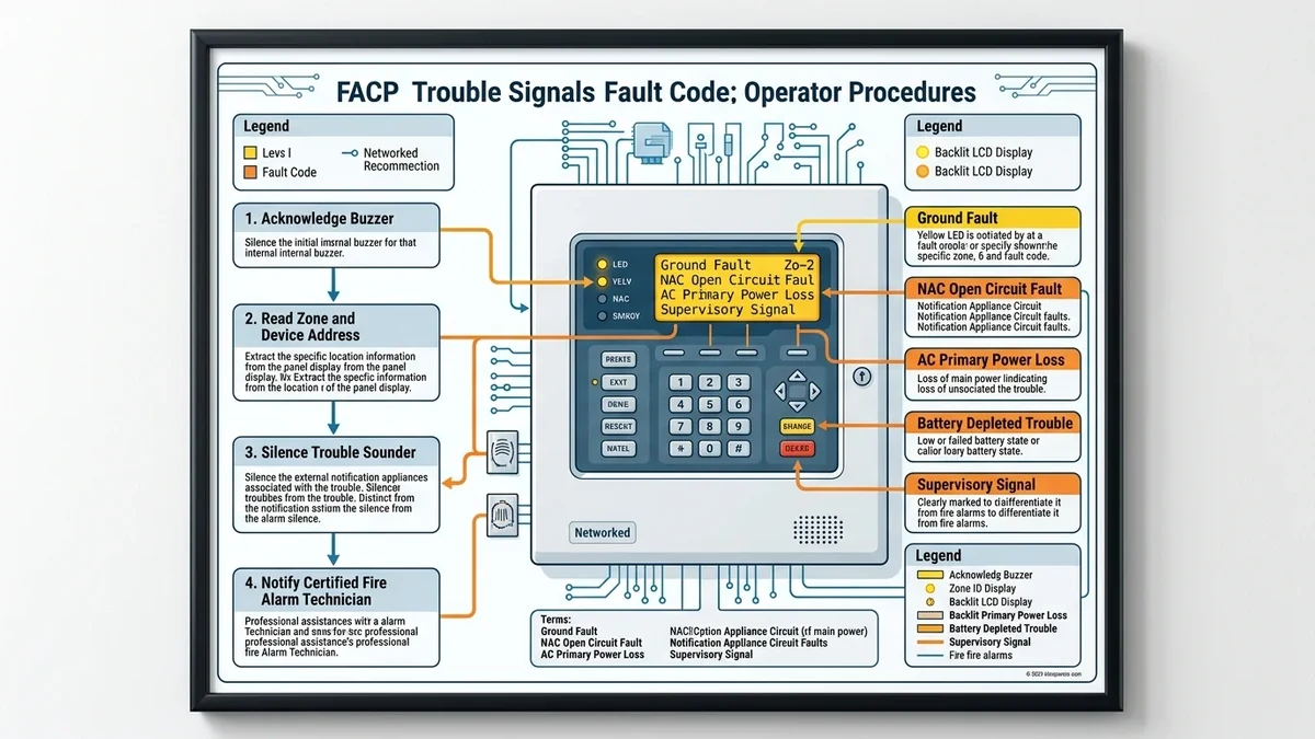 Commercial fire alarm control panel display showing yellow trouble indicator and diagnostic code
