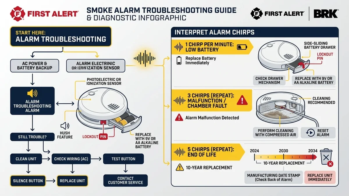 Diagnostic table of First Alert and BRK smoke alarm chirp codes and battery drawer operation