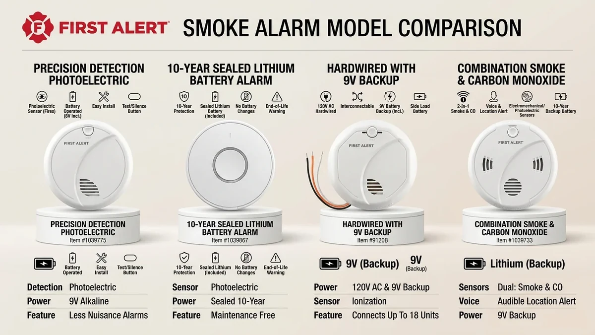 Comparison overview of First Alert smoke and combination alarm model lines