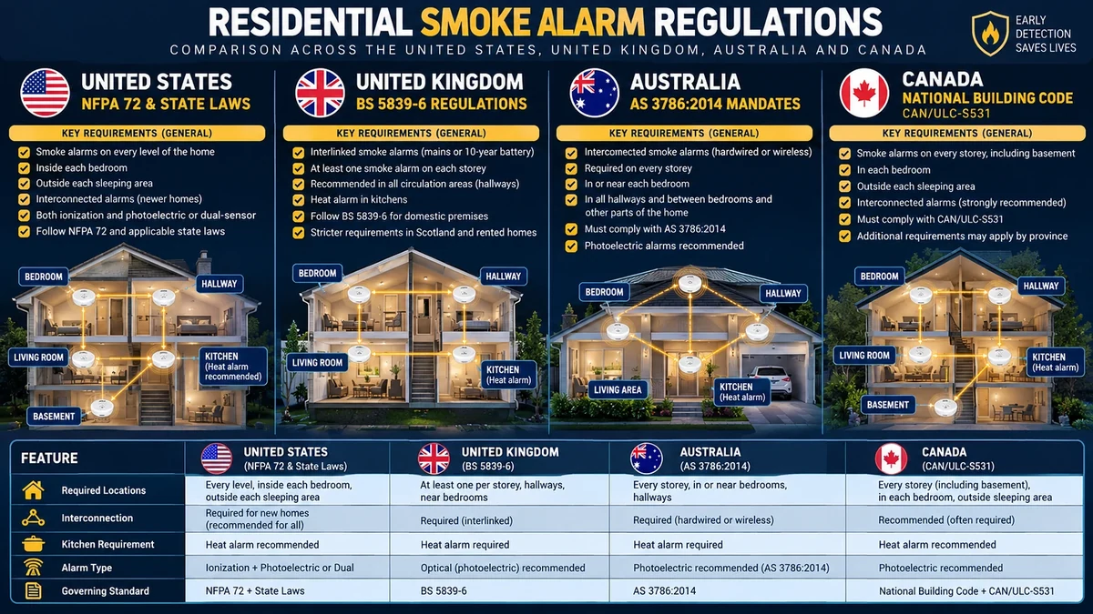World map highlighting smoke alarm regulatory standards across the US, UK, Australia, and Canada