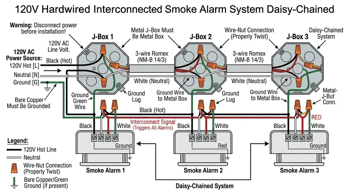 Wiring diagram for hardwired smoke alarms showing black hot, white neutral, and red interconnect wires