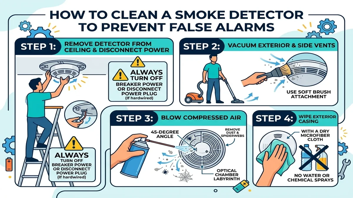 Cleaning smoke alarm perimeter vents with a vacuum brush hose attachment