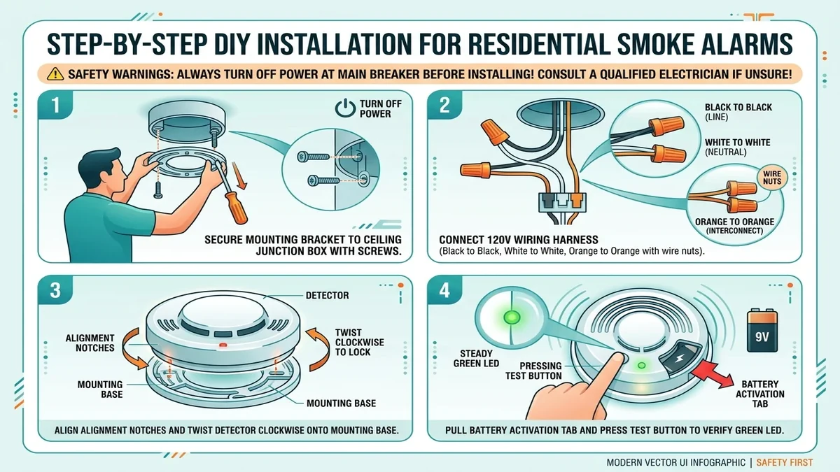 Installing a hardwired smoke alarm mounting bracket on a ceiling electrical junction box