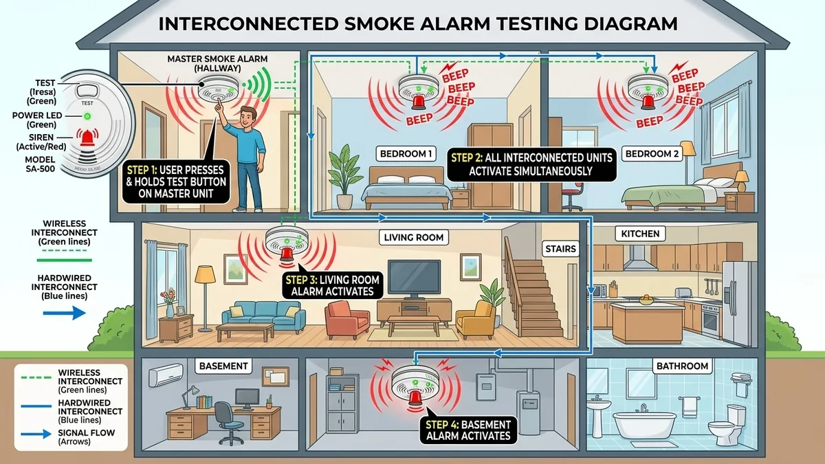 Two people testing interconnected smoke alarms across multiple floors of a home
