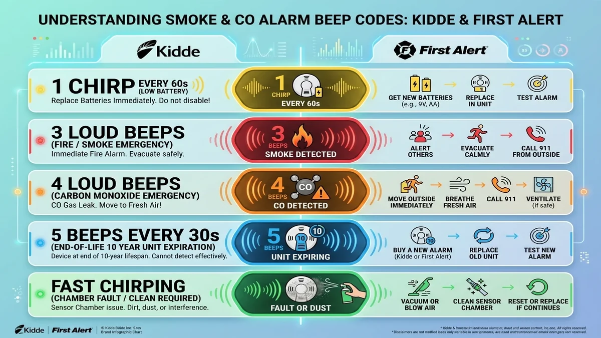 Table of Kidde smoke alarm model numbers and corresponding chirp and LED status codes