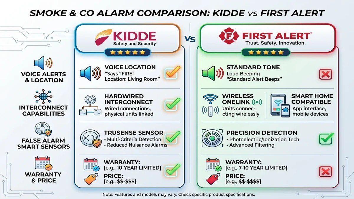 Lineup of Kidde hardwired, battery, and combination smoke alarms