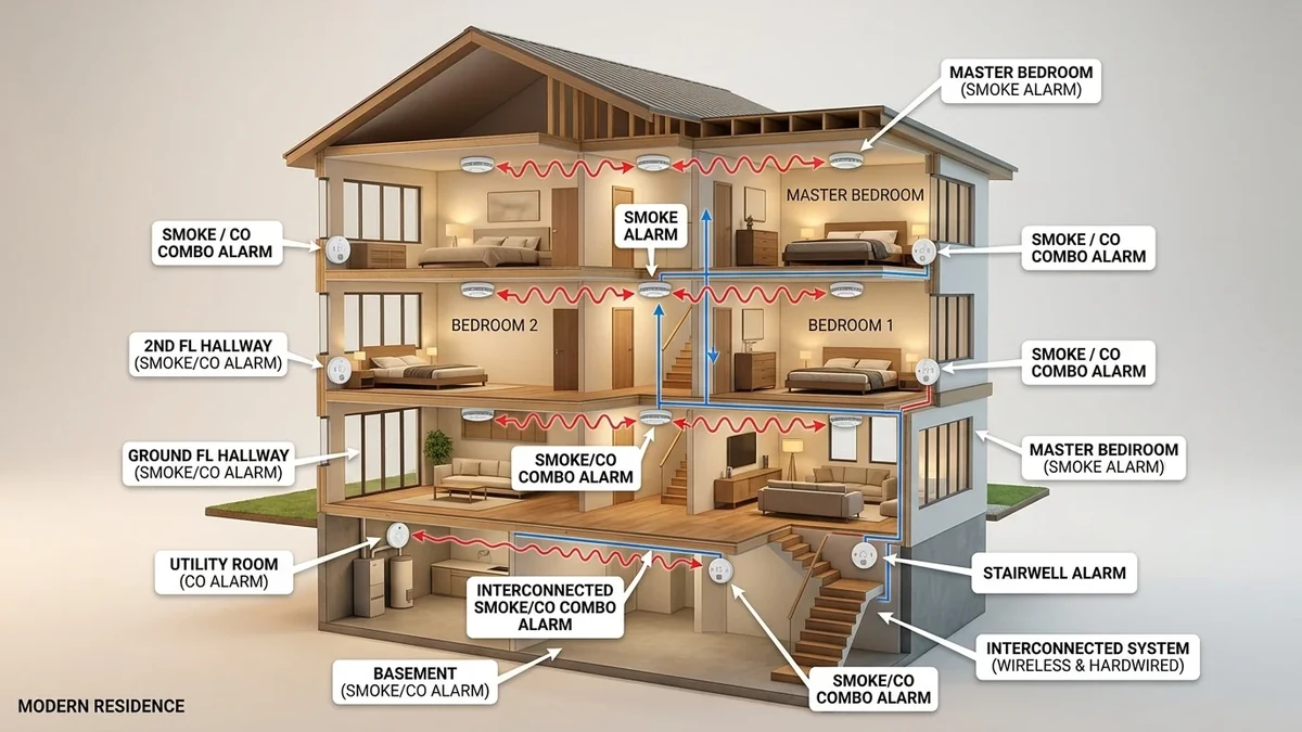 Residential smoke alarm and fire safety installation layout diagram