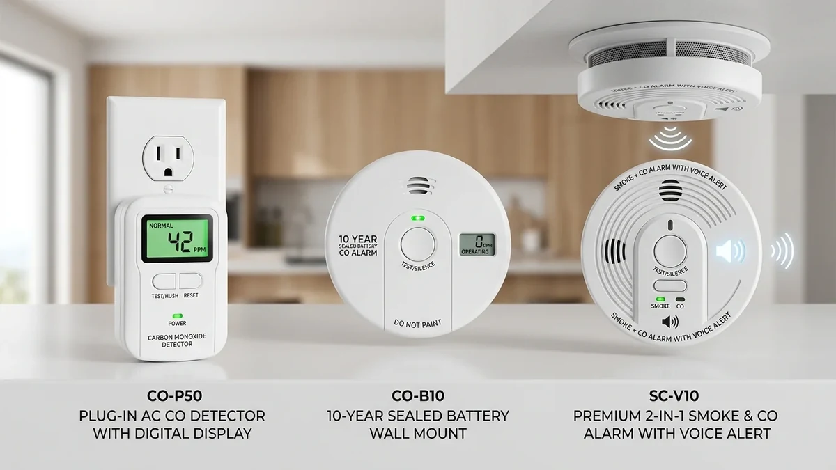 Lineup of combination smoke and carbon monoxide alarms from major manufacturers