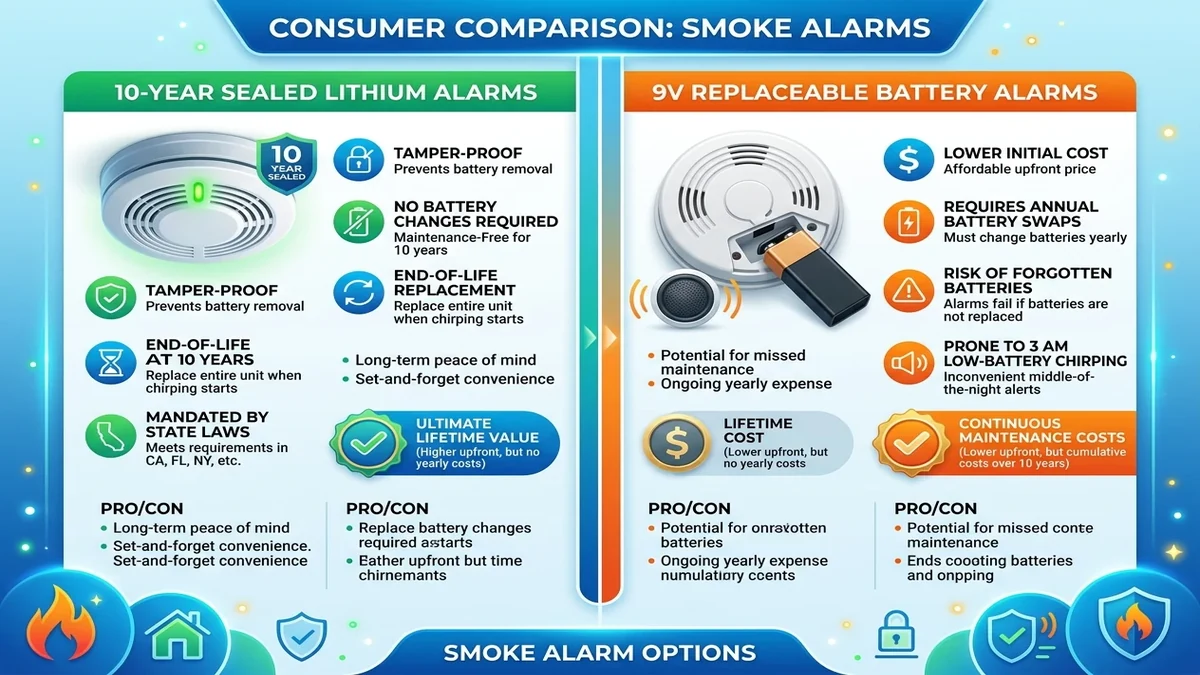 Side-by-side comparison of a 10-year sealed smoke alarm and an open replaceable battery model
