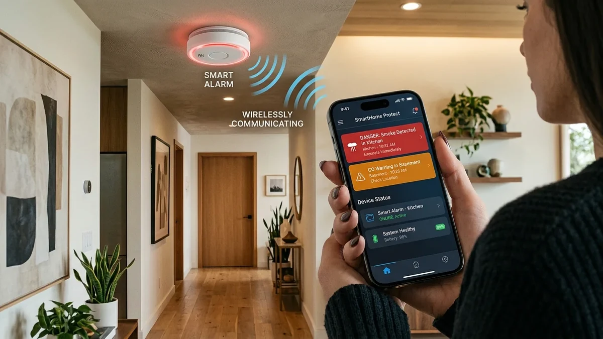 Smart smoke alarm communicating with smartphone app and home Wi-Fi network