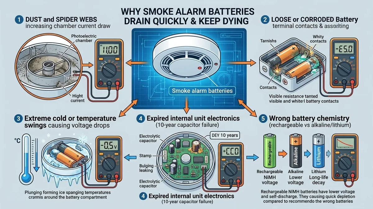 Technical troubleshooting diagram showing 5 root causes of rapid smoke alarm battery drainage