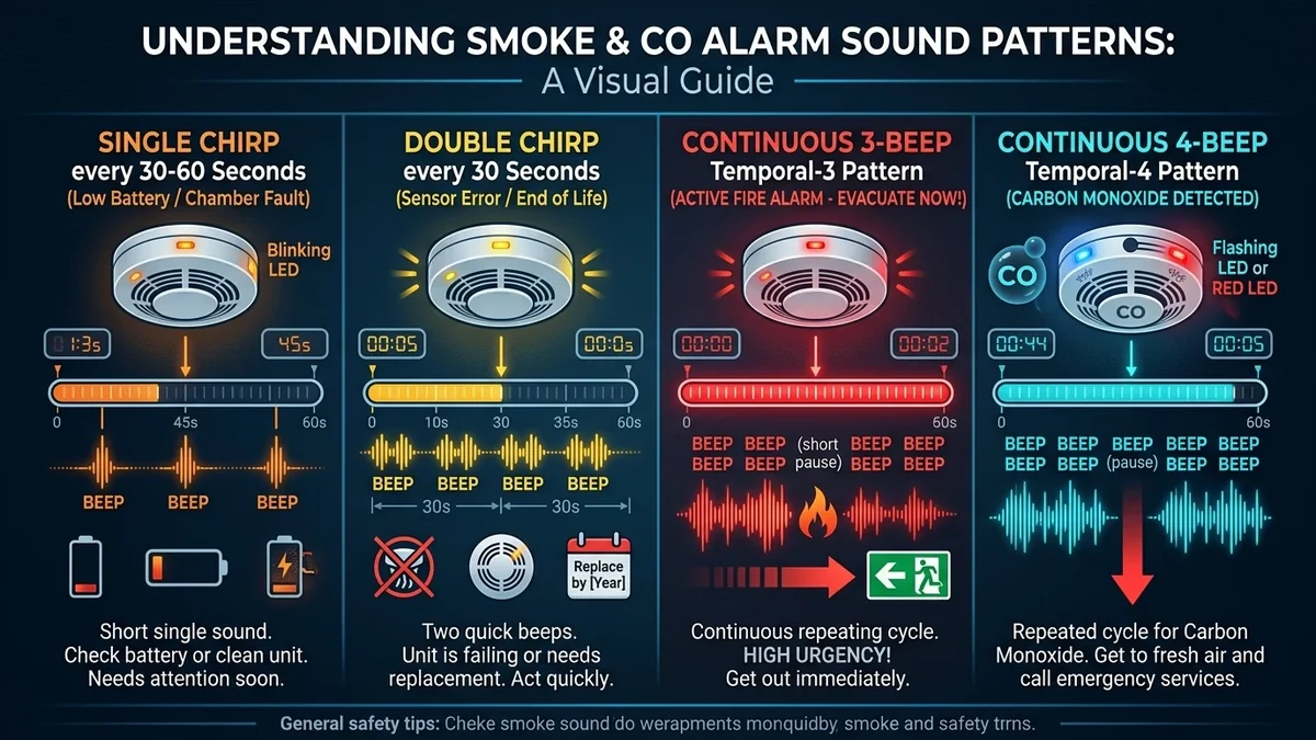 Emergency smoke alarm sound cadence decoder reference card