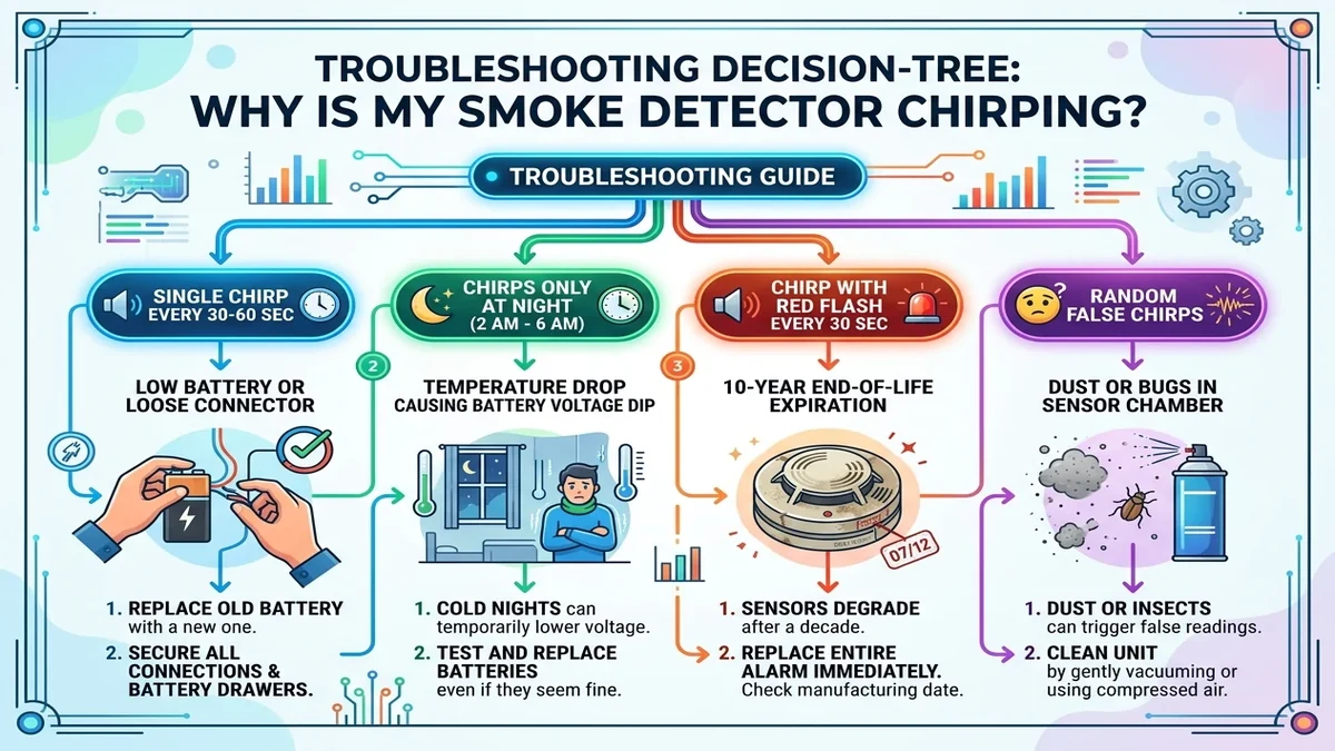 Smoke alarm troubleshooting decision tree and chirp pattern diagnosis