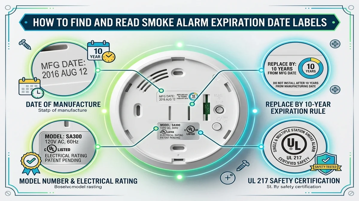 Rear label of a smoke alarm showing manufacture date code and 10-year replacement warning