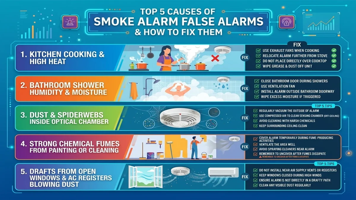 Diagram showing common false alarm triggers including cooking smoke, shower steam, dust, and insects