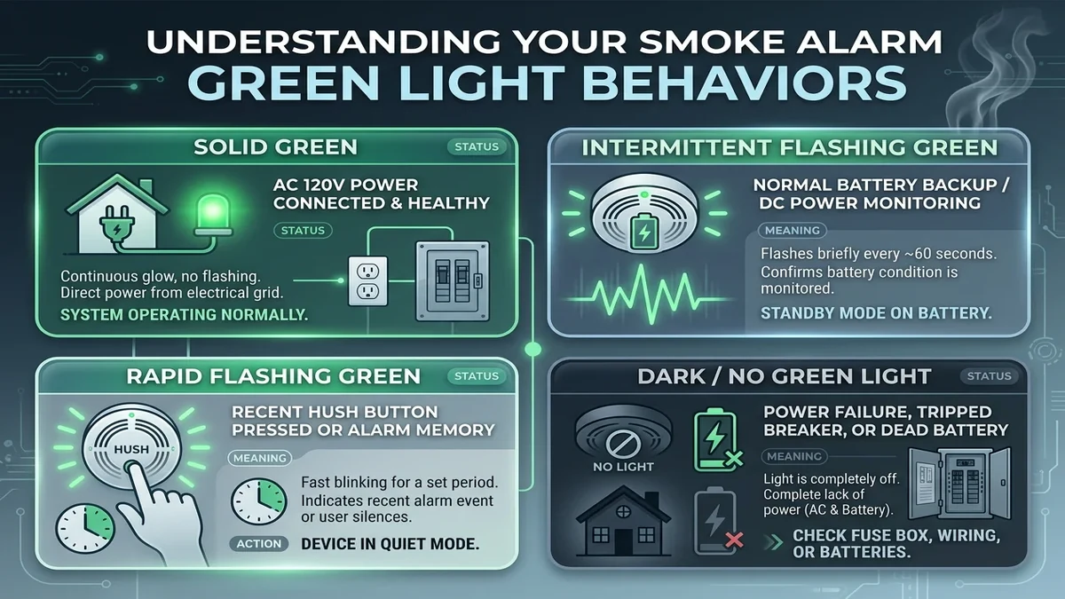 Green LED indicator light on a ceiling-mounted hardwired smoke alarm