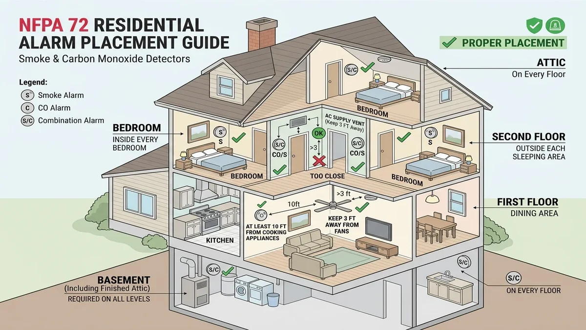 NFPA 72 residential smoke alarm placement zones and required layout diagram