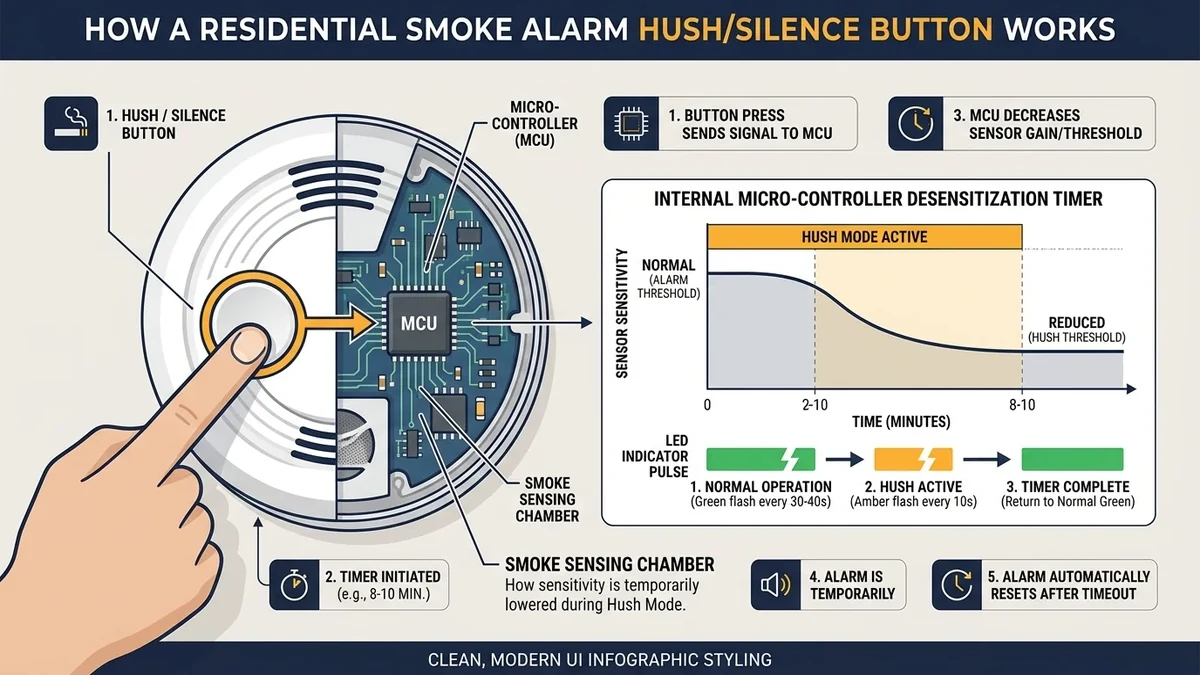 Pressing the center Hush and Test button on a modern smoke alarm