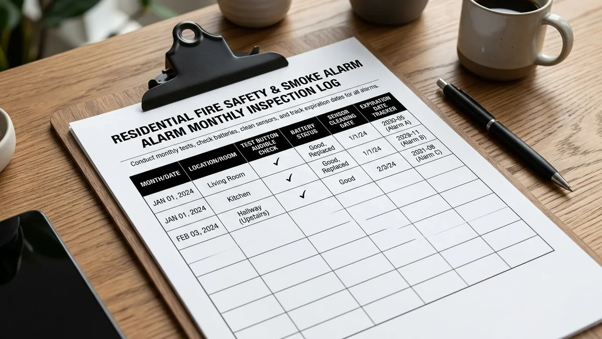 Commercial fire alarm inspection checklist sheet showing device testing columns and technician signature block