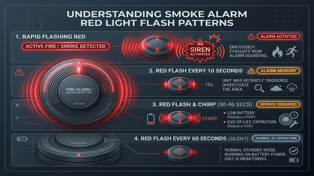 Red LED flashing on smoke alarm face indicating operational status