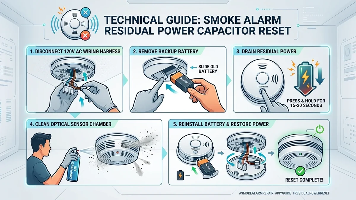 Holding the test button on a disconnected smoke alarm to drain residual electrical charge