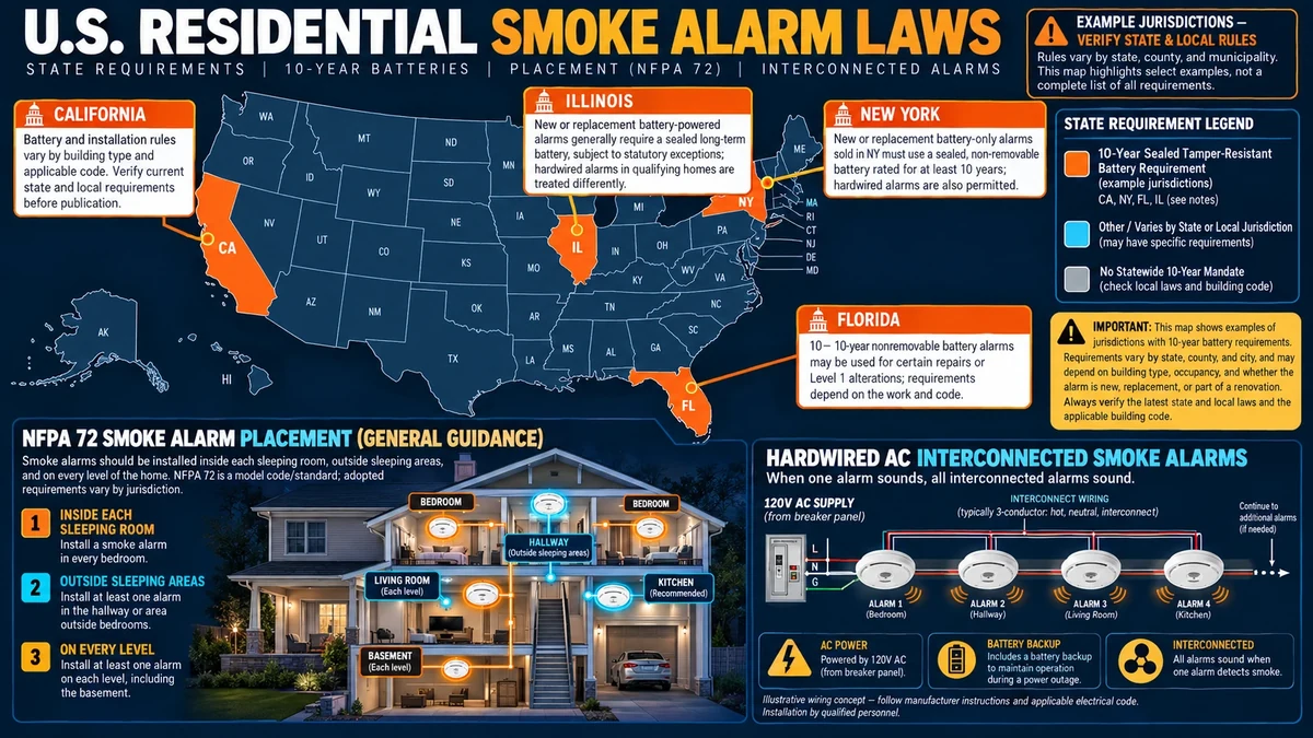 United States smoke alarm state legislation and building codes map