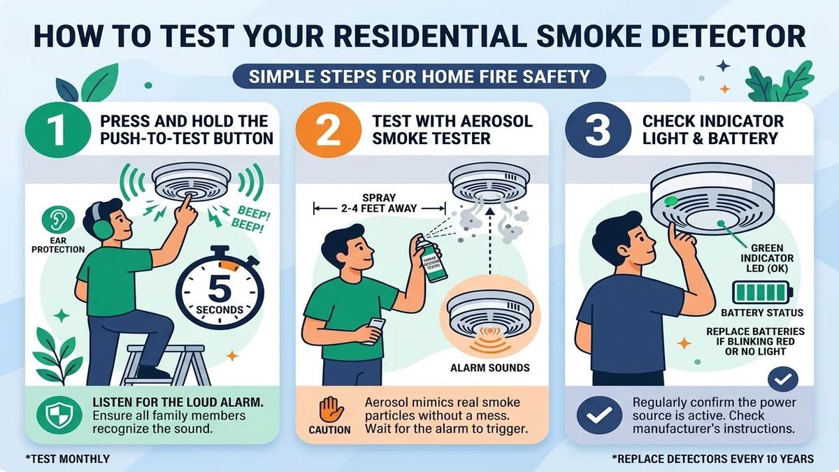 Testing a ceiling-mounted smoke detector with test button and safety checklist