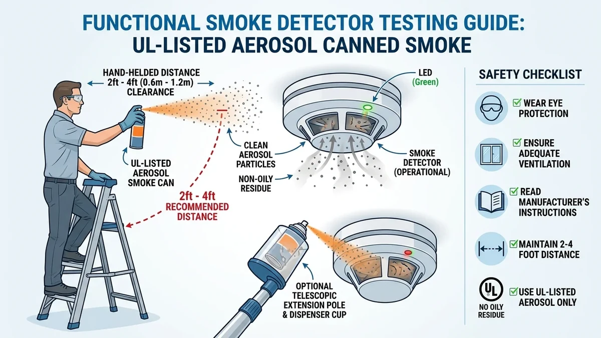 Testing a ceiling-mounted smoke detector using an aerosol smoke test canister