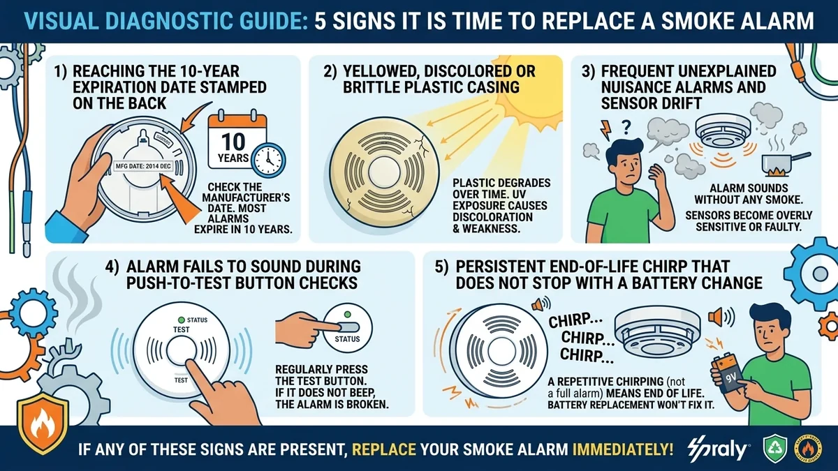 Visual diagnostic guide showing the 5 signs it is time to replace a smoke alarm